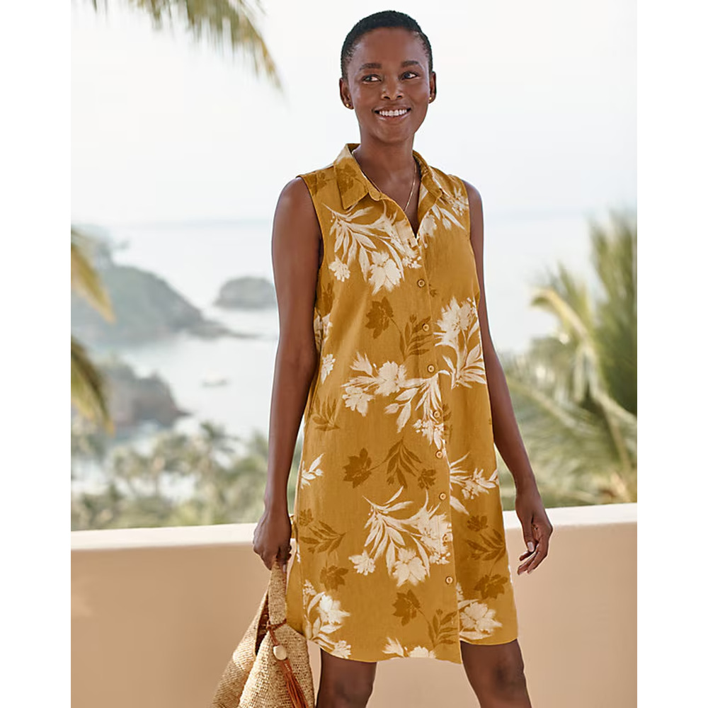 Garnet Hill Sleeveless Flax Linen Shirt Dress Mustard Cream Floral 6